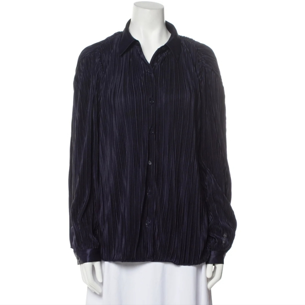 L'Academie Pleated Long Sleeve Button-Up Top, Dark Blue/Navy, Sz M